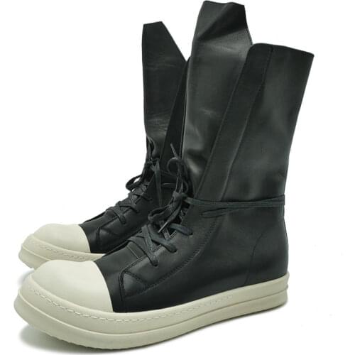 Bmante Men Boots Winter Genuine Leather Trainers Adult Ankle Boots For Men Lace-Up Zip Flats Sneakers Goth Dark Owen Male Shoes