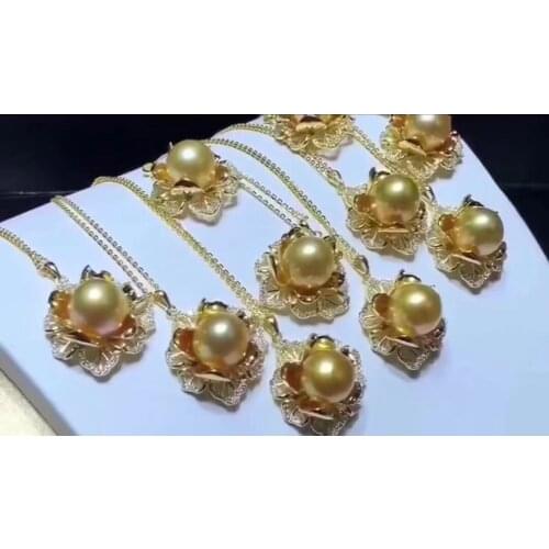D201 Solid 925 Sterling Silver Round 9-10mm Nature Salt Sea Water Golden Pearl Pendants Necklaces for Women Fine Birthday Gifts