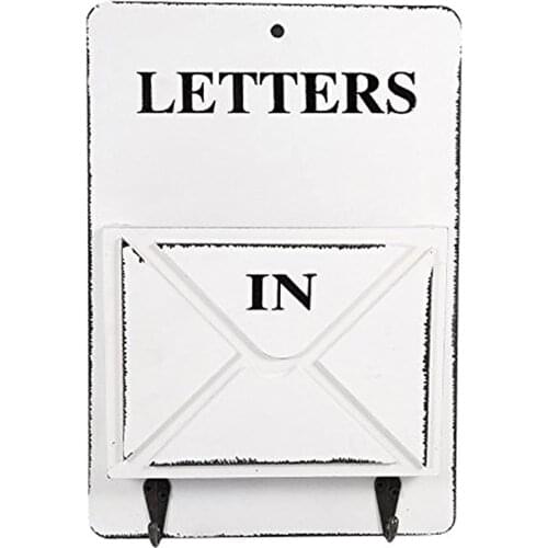 HOT-Wooden Mail Box Letter Rack Wall Mounted Mail Sorter Storage Box Key Hooks Standing Holder (White)