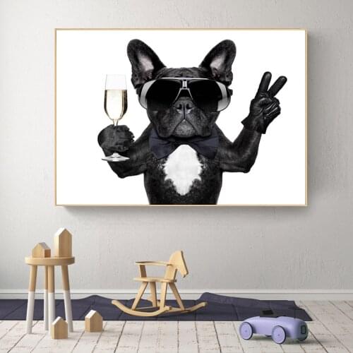 Baby Room Canvas Painting on the Wall Animal Posters and Prints A Bulldog Drinking with Sunglasses Picture for Kids Room Decor