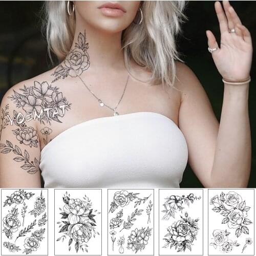 Minimalist Line Rose Temporary Waterproof Tattoo Stickers Women Body Chest Art Tatto Girl Waist Bracelet Flash Tatoo Flower