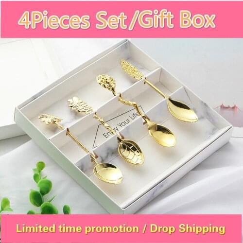 4Pieces Set Dessert Coffee Spoon Flatware Royal Style Coconut Tree Tea Spoon Carved Ice Cream Golden Tableware