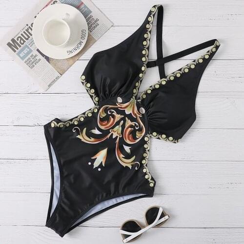 Black One Piece Swimsuit Print Beachwear Backless Bathers Floral Print Bathing Suit Sexy Push Up Bodysuit