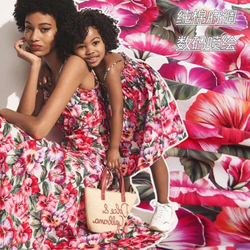 New European and American brand violet floral cotton digital printing garment fabric spring and summer sewing fabric