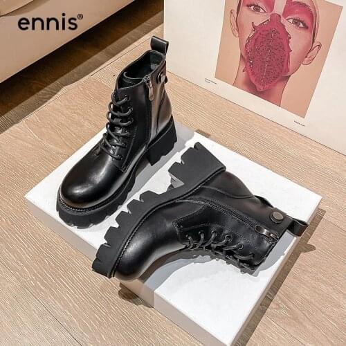ENNIS Autumn Women Boots Genuine Leather Shoes Platform Ankle Boots Winter Black Martin Boots Lace Up Shoes Zipper Brand 2021