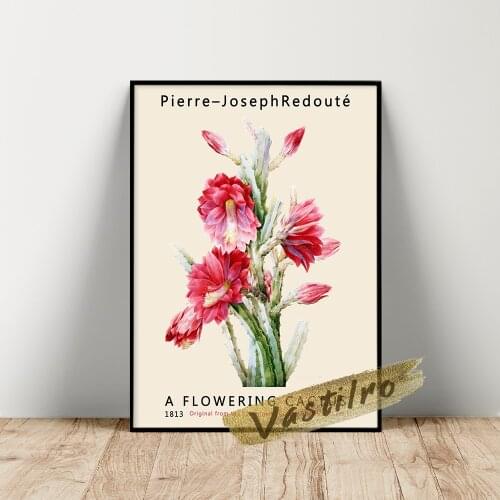 Pierre-Joseph Redoute Poster, A Flowering Cactus Heliocereus Speciosus Wall Painting, Vintage Plant Flower Leaf Wall Stickers