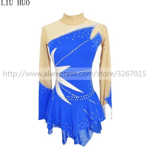 Figure Skating Dress Womens Girls' Ice Skating Dress Roller skating Stand collar long sleeve Blue Star pattern Shiny rhinestone