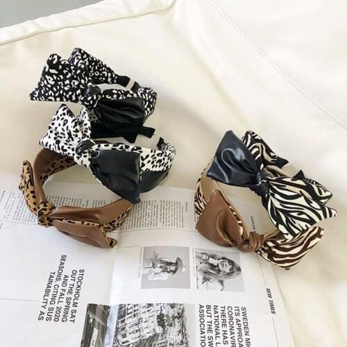 PU leather leopard print bow headbands fashion hair accessories women fabric leather stitching wide brim hair band wild headwear