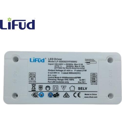 Lifud LED Driver 21W 500mA DC 27-42V AC100-277V LF-GDE023YF0500U 0-10V/PWM Dimming LED Power Supply Dimmable Light Transformer