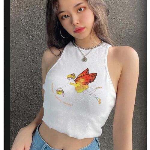 Summer Girls Leisure Style Elf Printing Round Collar Sleeveless Top Slim Base Shirt Ladies Sexy Midriff-Baring Camisole S M L