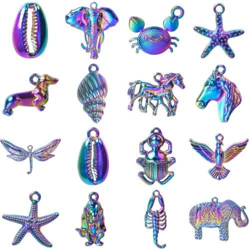 Vintage Rainbow Color Sea Shell Conch Starfish Charms Animal Elephant Horse Dog Pendant Handcraft Necklaces Earrings Jewelry