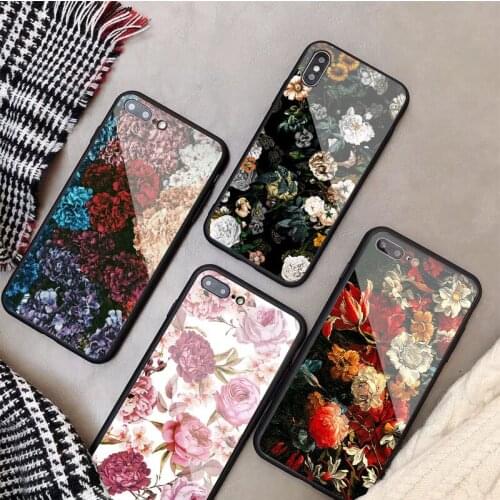 Vintage Floral Tempered Glass Phone Case For iphone 12 11 Pro Max 5 6 7 8 PLUS X XS XR XSMax Shell