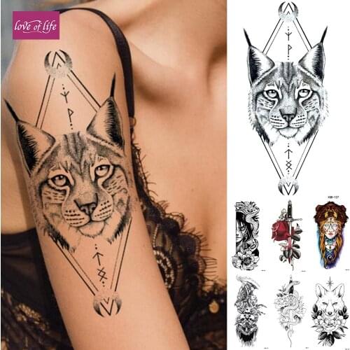 Waterproof Temporary Tattoo Sticker Geometric Cat Wolf Death Flash Tattoos Snake Totem Body Art Arm Fake Tatoo Women Men