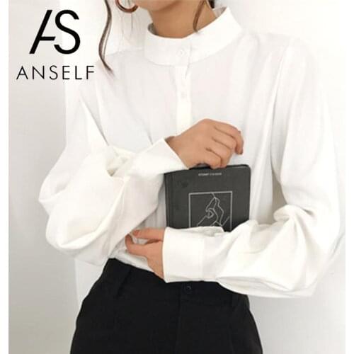 ANSELF Women Blouses Shirt Lantern Sleeves Shirts Blouse female Vintage Tops Stand Collar Buttons Front Office Work Wear tunics