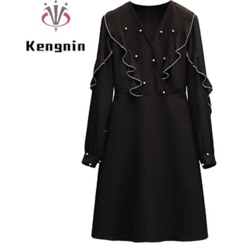 Black Chiffon Dress Autumn Loose Oversized V-Neck Office Lady Work Vestidos Bead Patchwork Ruffles Long Sleeve Robe Dress KE1878