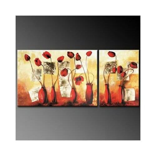 2 pcs Hand Painted Canvas Painting-Six Vases With Red Tulips-Modern Canvas Art Wall Decor-Floral Oil Painting Wall Art