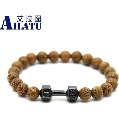 Ailatu Powerful GYM Dumbbell Natural Wood Fitness Barbell Bracelet Women Pulseras Hombre Bracciali Mens Elastic Bead Jewelry