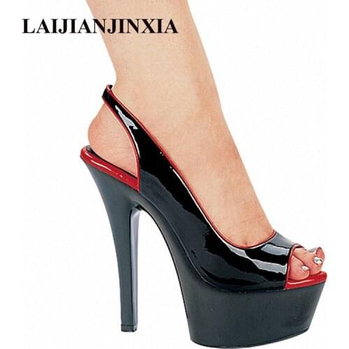 LAIJIANJINXIA womens shoes sexy fun 15cm heel-height sandals black strap high heels 6 inch Thin Heels women platform shoes