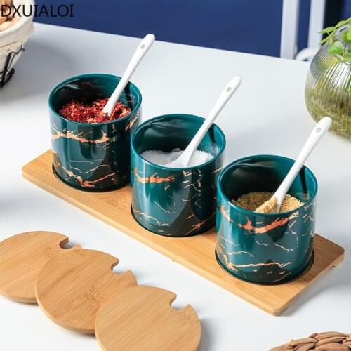 DXUIALOI simple household ceramic seasoning box emerald seasoning jar set with spoon and tray seasoning box home decoration