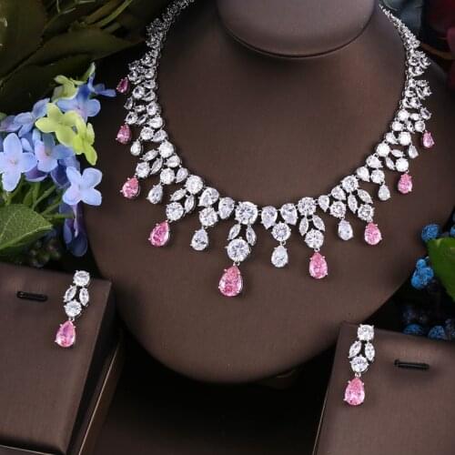 JankellyPink Wedding Fashion AAA Cubic Zircon Jewelry Sets ,Earrings /Necklace,Promotion,Nickel Free, Factory price