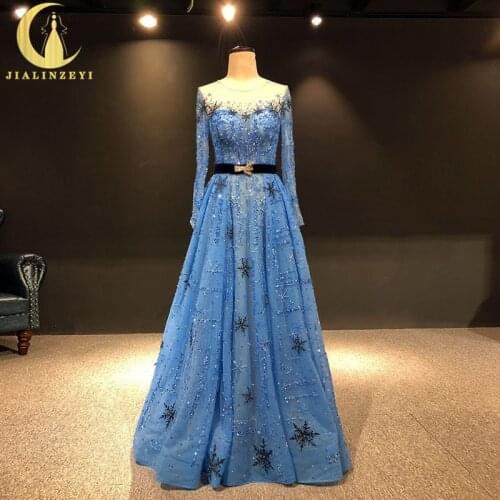 JIALINZEYI Real Image Long Sleeves Beads Crystal Snow Flake Blue Luxurious Vestido De Festa Formal party Dress evening Dresses