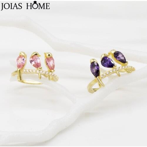 JoiasHome Charms Womens Tail Ring Silver 925 Jewelry Creative Design Lovely Three Birds Water Drop Shaped Zircon Pink Purple