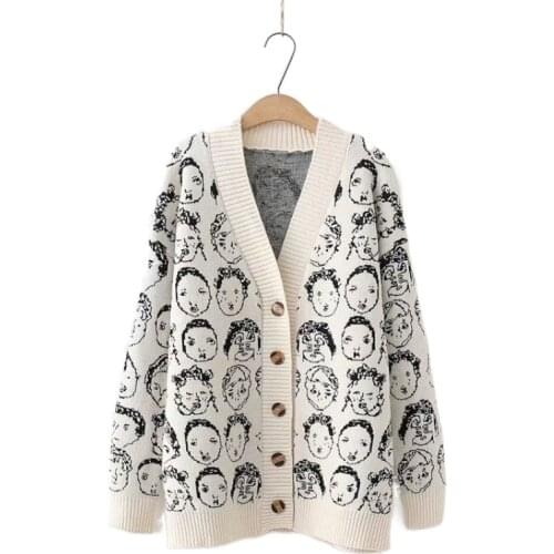 Graphic Embroidery Single Button Knit Women Sweater Cardigan,2021 Winter Warm Knitwear Korean Fashion Female Soft Top