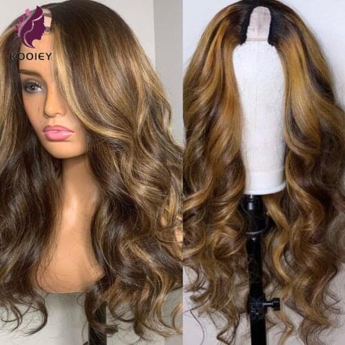 Brown Honey Blonde Color Dark Root Human Hair Wigs 2x4'' Glueless U Part Wig Malaysian Body Wavy Remy Hair 150% 180% Density