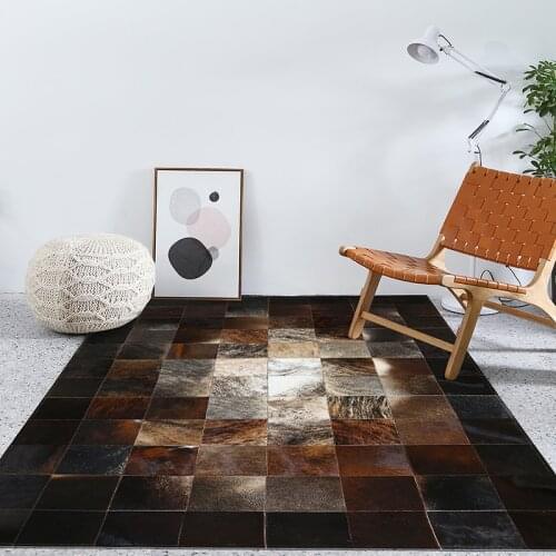 American Style Luxury Natural Brown Color Cowhide Patchwork Rug , Big Size Milch Cow Skin Fur Chequer Carpet for Living Room