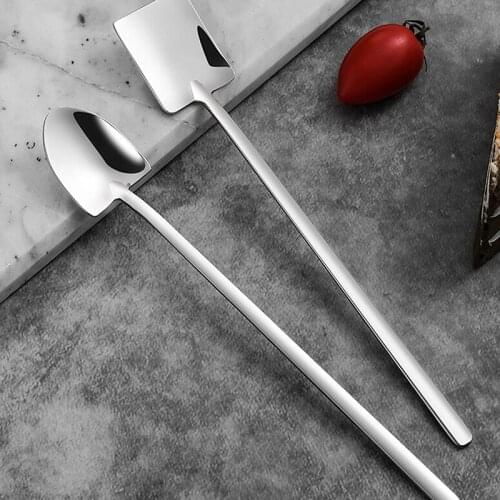 New Long Handle Stainless Steel Coffee Spoon Square Shovel Stirring Scoop Dessert Flatware Milk Tea Tools Cafe Kitchen Gadget