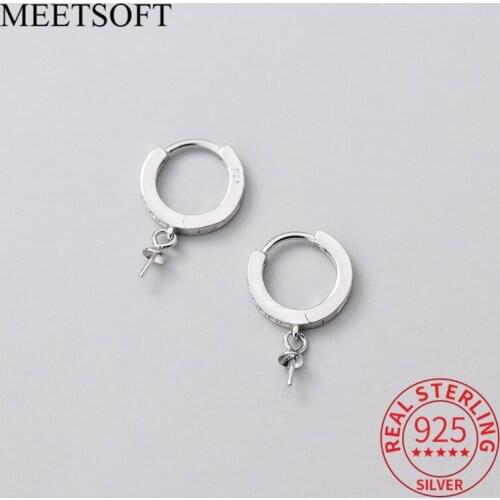 MEETSOFT 925 Sterling Silver Zircon Semi finished with sticky bead plate Hoop Earrings of DIY Handmade Fine Jewelry Accessory