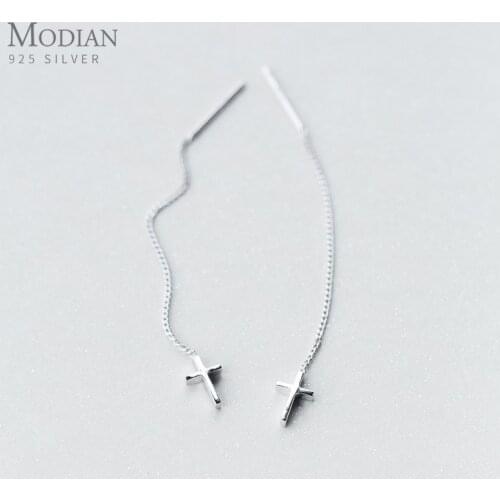 Modian 100% Real 925 Sterling Silver Long Tassel Cross Drop Earrings for Women Simple Fine Sterling Silver Jewelry Accessories