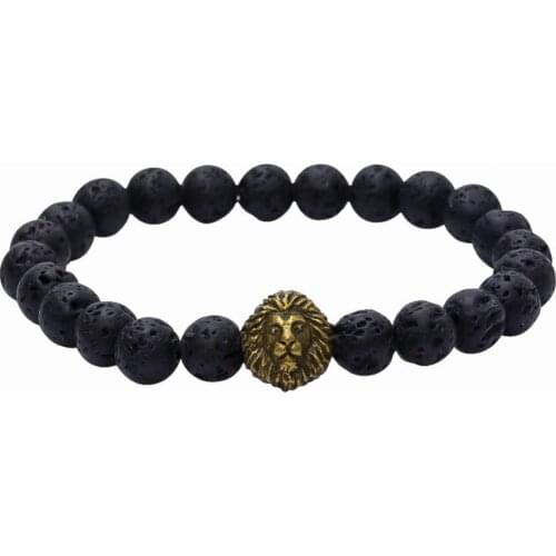 Men Jewelry Beaded Bracelets Antique Buddha Leo Lion Head Black Lava Stone Bracelet Elastic Rope Pulseras Collier