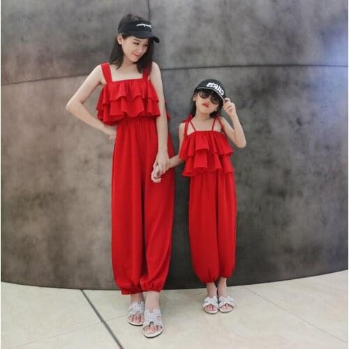 2019 Summer New Red Chiffon Mother-daughter Holiday Beach Matching Outfits Mommy and Me Clothes