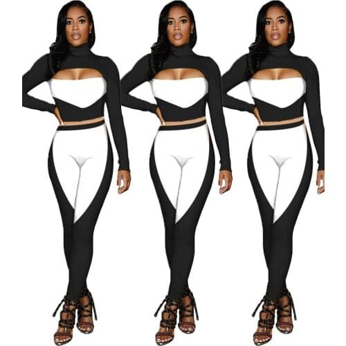 2021 Autumn and Winter New Womens Clothing Stitching Fashion Simple Sexy Long-Sleeved Two-Piece Suit