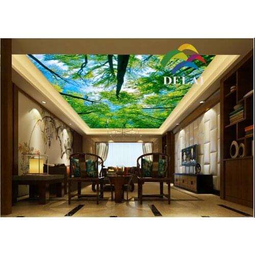 T-11852 Overlook trees with green leaves printing ceiling film pvc material with ceiling lamp
