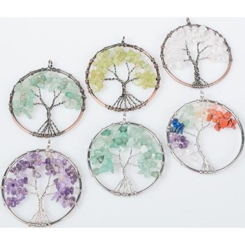 Charm Wire Wrap Tree of Life Necklace Pendant Natural Stone Chip Bead Lapis Lazuli Opal Clear Crystal Female Jewelry D642—D655