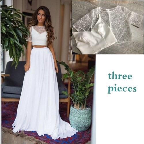 Three Pieces Boho Wedding Dresses 2020 Informal Wedding Gowns Sweep Tail Bride Dress Sexy Illusion vestido novia