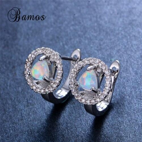 Bamos Unique Triangle Ocean Blue/White Fire Opal Hollow Hoop Earrings For Women Silver Color Zircon Wedding Gifts