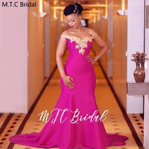 Hot Pink Long African Evening Dress Golden Lace Off The Shoulder Mermaid Formal Dresses For Women 2020 New Robe De Soiree