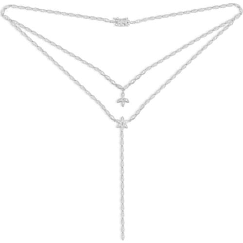 SLJELY Fashion Solid 925 Sterling Silver Floral Double Layer Necklace with Flower Pendant Paved Zircon Stone Women Party Jewelry