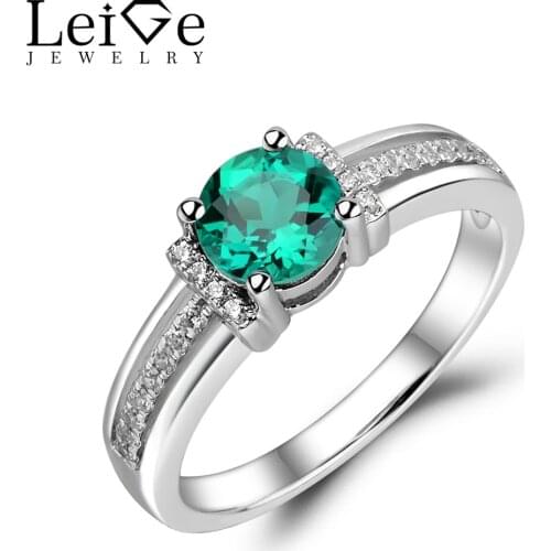 Leige Jewelry Emerald Ring Sterling Silver 925 Fine Jewelry Round Cut Green Gemstone Wedding Engagement Rings for Women