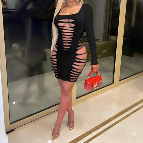 Womens Sexy Hollow Out Bandage Midi Pencil Dress Solid Black Deep V Neck Long Sleeve Open Back Sheath Dress Autumn New Arrival