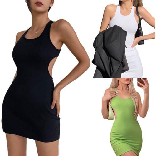 U-shaped Neck Cutout Dress Women Summer Sheath Dresses Adults Sleeveless Solid Color Female Vestidos