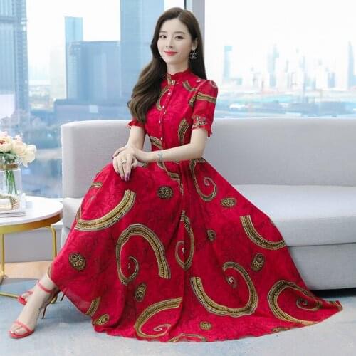 2021 Summer New Arrival Hot Sale Elegant Stand Collar Flower Printed Short Sleeve Women Long Chiffon Dress M-4XL