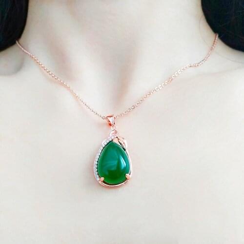 Vintage Green Jade Emerald Gemstones Diamonds Drop Pendant Necklaces for Women 18k Rose Gold Filled Jewelry Bijoux Birthday Gift