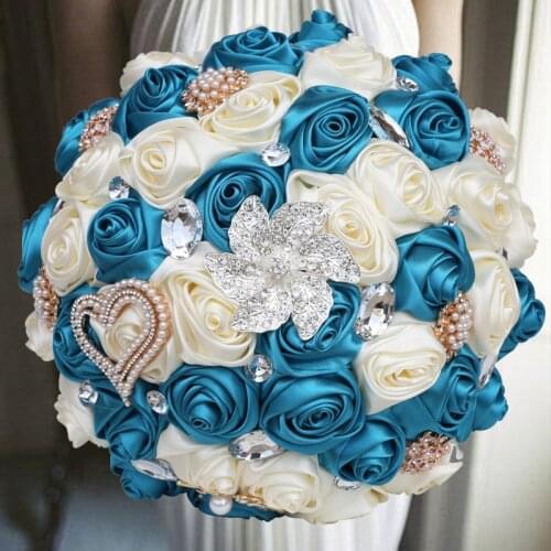 1pc/lot Blue Ribbon Bridal Wedding Bouquets With Brooch Diamond For Wedding Decoration