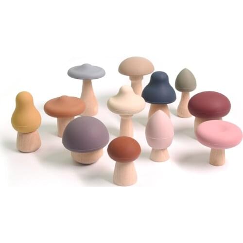 12PCS Baby Silicone Teether Mushroom Building Blocks Montessory Toy BPA Free Wood Intellectual Educational Toy Food Grade
