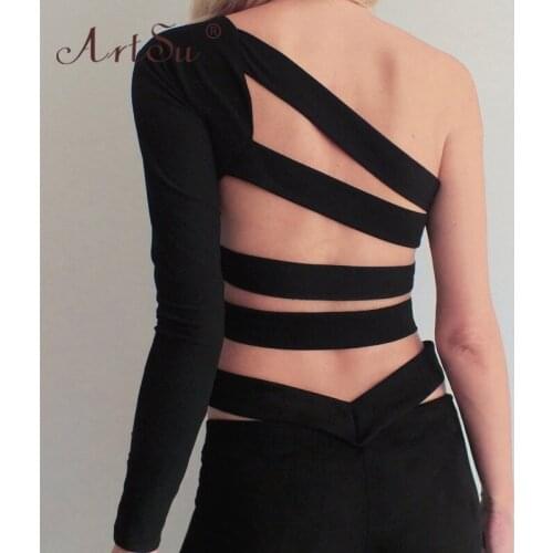 ArtSu Solid Long Sleeve Skew Collar Black Bandage Womens Crop Top Sexy T-Shirt Streetwear 2021 New Female One Shoulde Club Tops