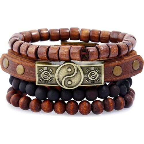 Tai Chi Wing Black Vintage Handmade Wooden Beads Strand Men Brown Genuine Leather Men Bracelets For Women Homme Femme Jewelry